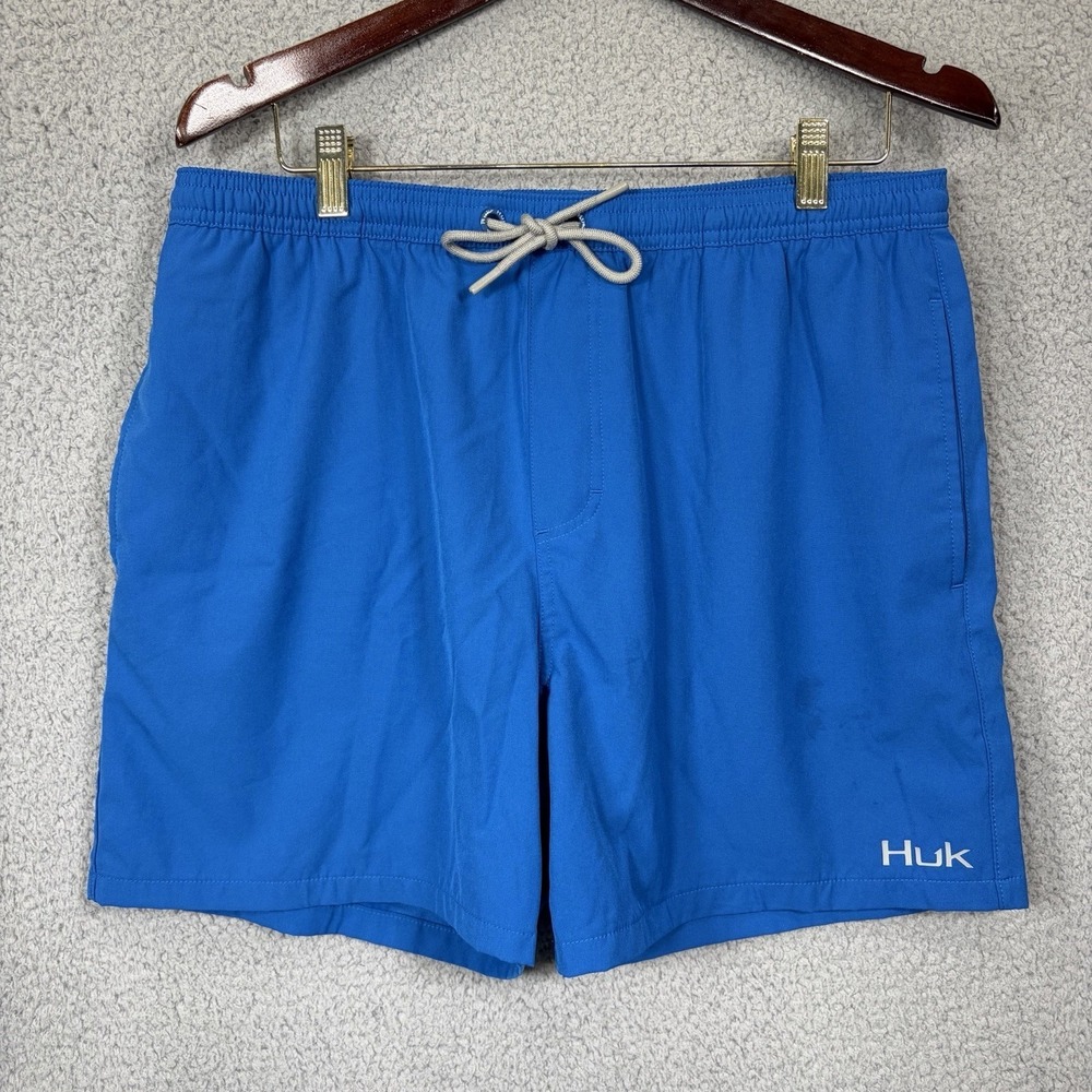 Huk Volley Shorts Blue Elastic Waist Mesh Lined Swim Trunks Mens Size Large